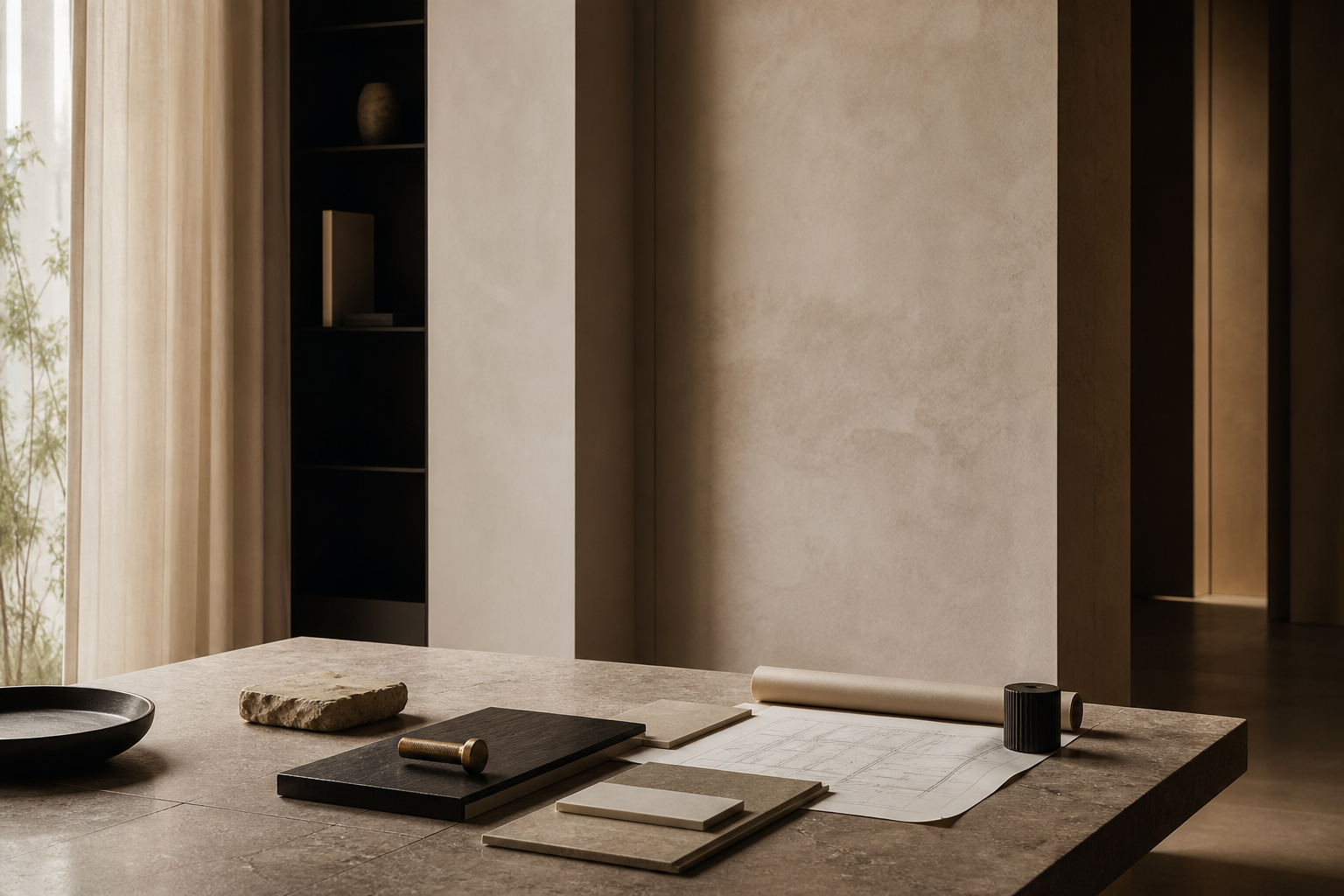 Warm architectural material study with plans and interior textures